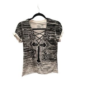Affliction Black & White Lace-Up Cross Graphic Short Sleeve Tee